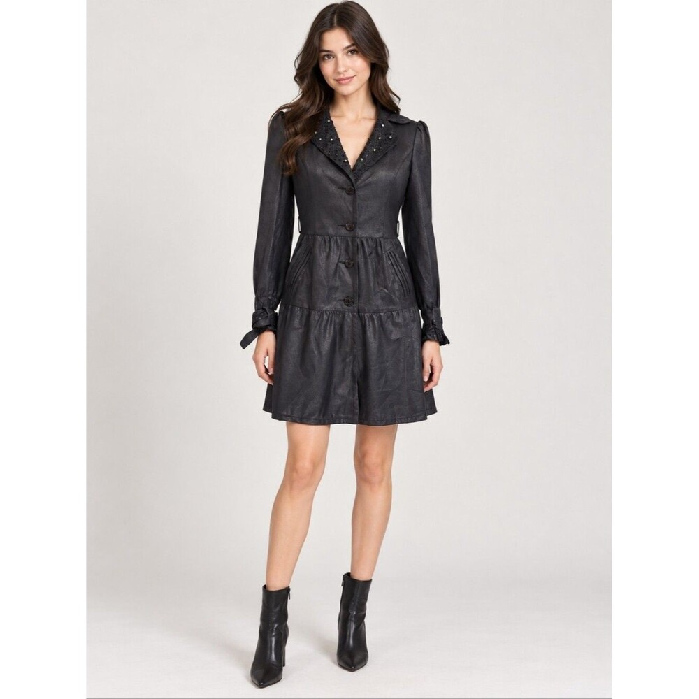 EUC faux suede Black rhinestone beaded lace layered design trenchcoat est. XS